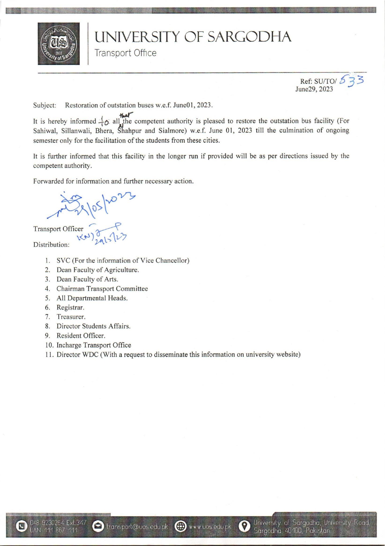 Restoration of outstation buses w.e.f June01-2023